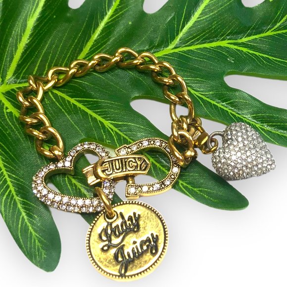 Juicy Couture Jewelry - Juicy Couture Lady Luck Rhinestone Heart Charm Chain Bracelet Gold Toned
